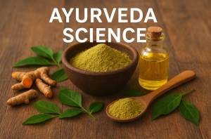 A bowl of Ayurvedic herbal powder with turmeric roots, green leaves, and a bottle of oil on a wooden surface representing traditional Indian healing and natural wellness.